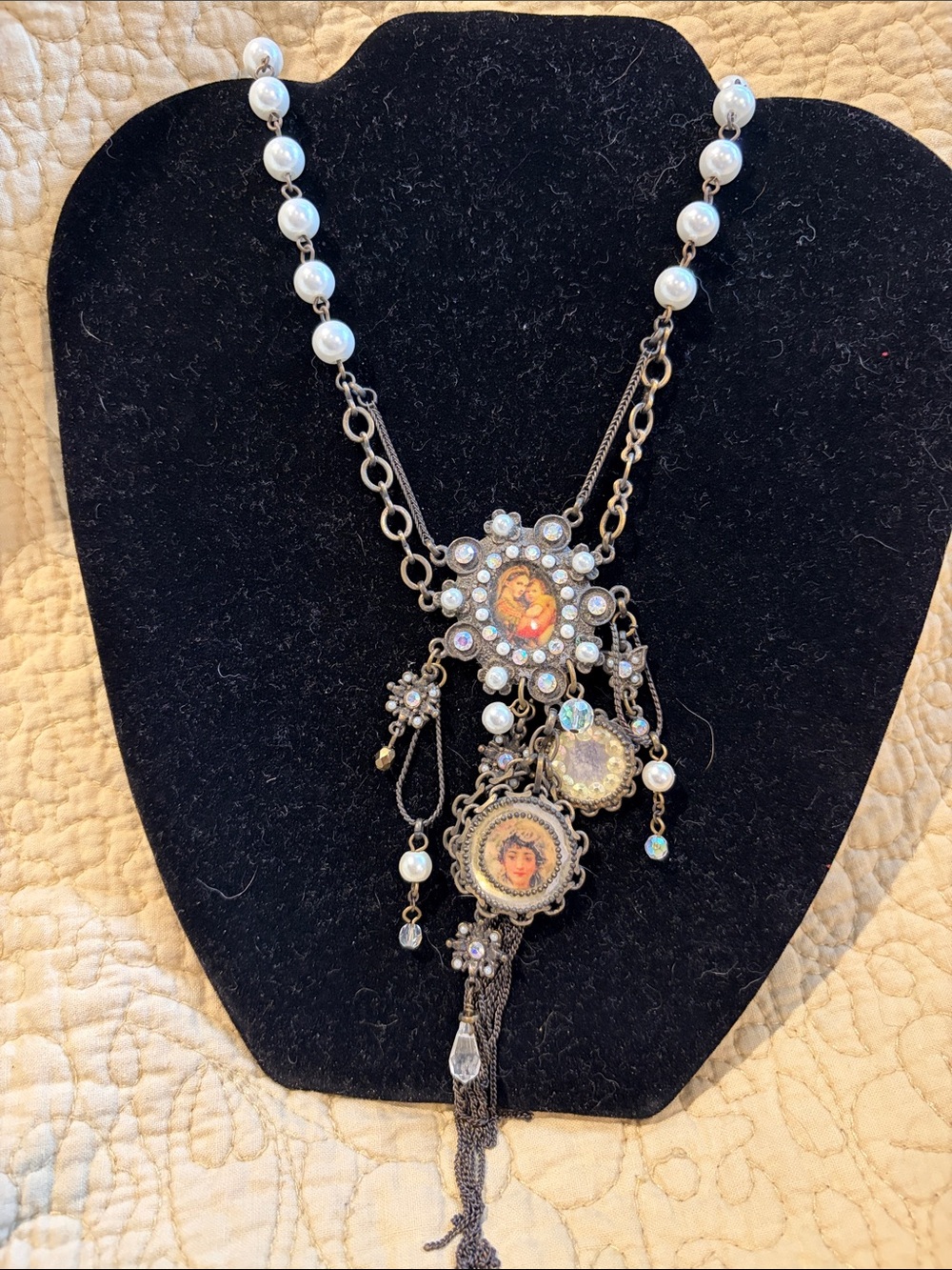 Vintage-Inspired Pearl and Antiqued Silver Portrait Pendant Necklace
